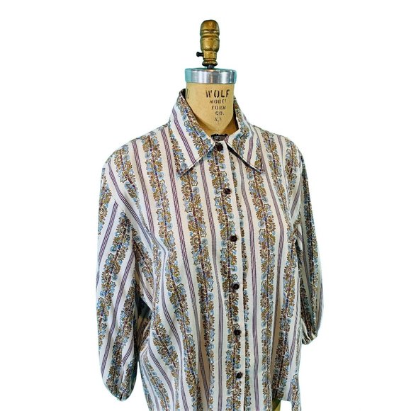 Vintage 1970s Floral Blouse Boho Land 'N Sea Striped Top | B 52" - Picture 7 of 9